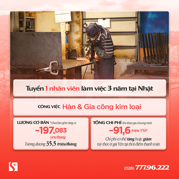 Tuyển 1 Nam Nhân viên Hàn & Gia công kim loại làm việc 3 năm tại Osaka